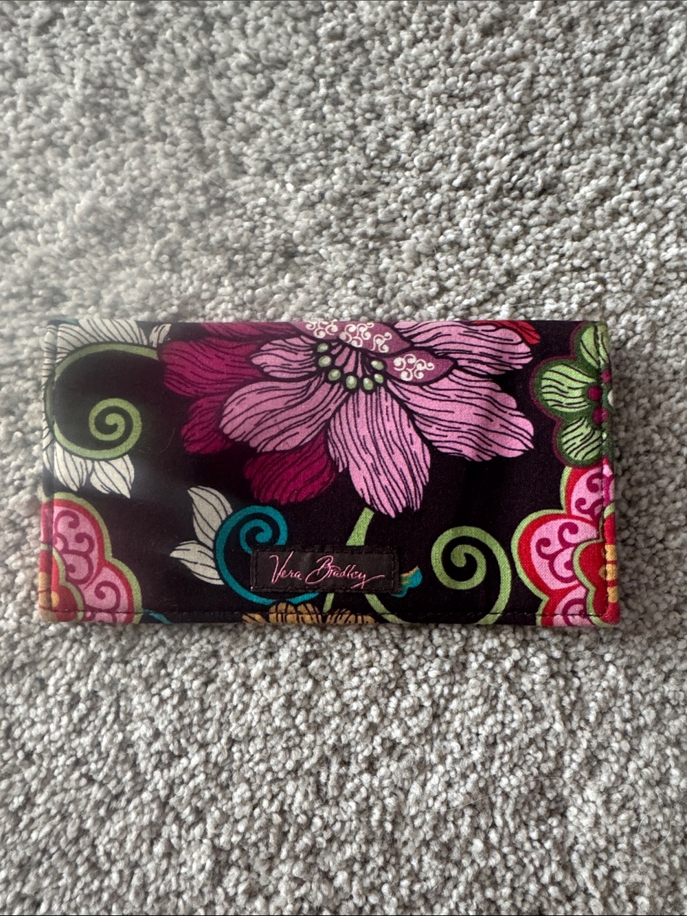 Vera Bradley Black Quilted Floral Checkbook Cover with Pink & Green Accents - Picture 1 of 3